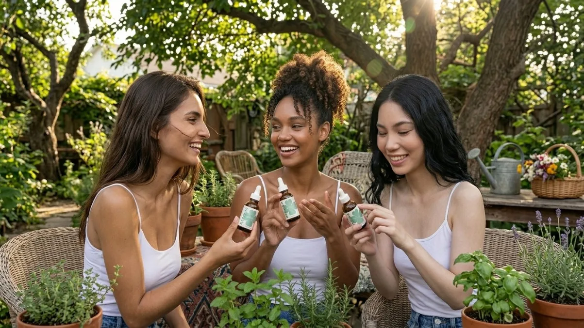 Three women holding Kisuva serums in garden