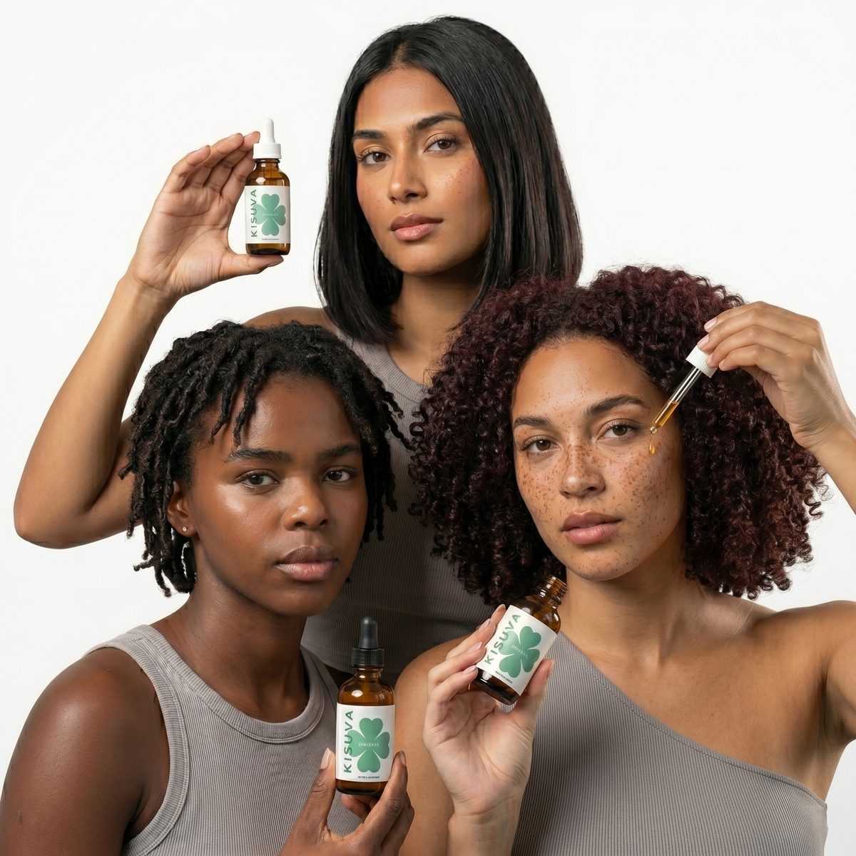 Three women holding Kisuva clinical serums