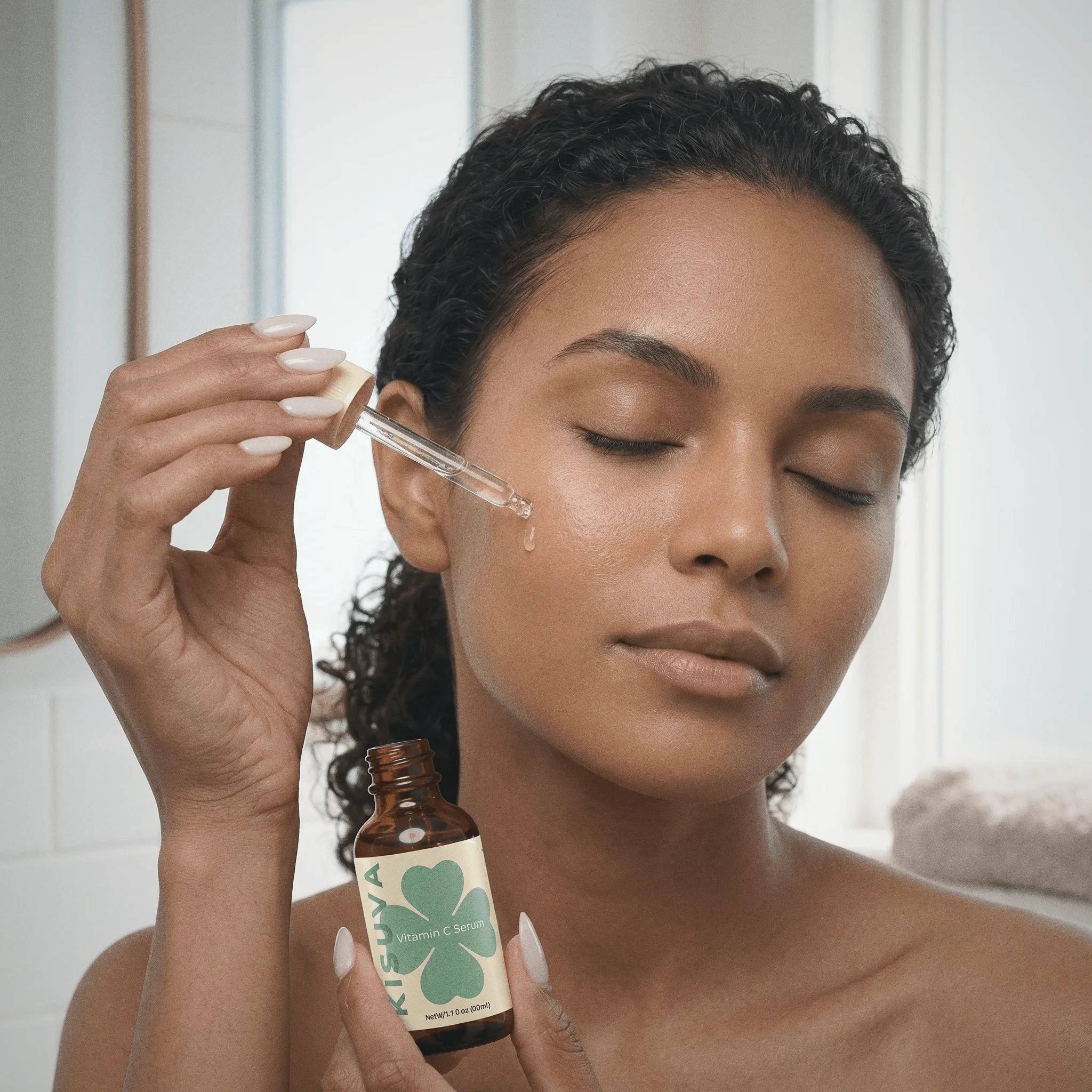 Woman holding Kisuva Vitamin C Serum showing radiant skin